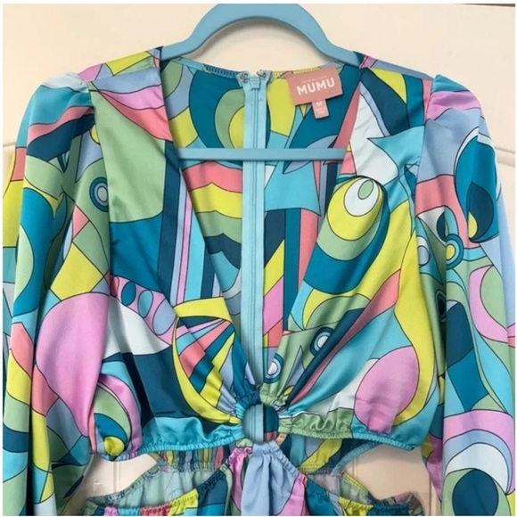 Show Me Your Mumu Go Out Cut Out Mini Dress Go Go Luxe Satin Blue Green XS, M - Picture 8 of 10